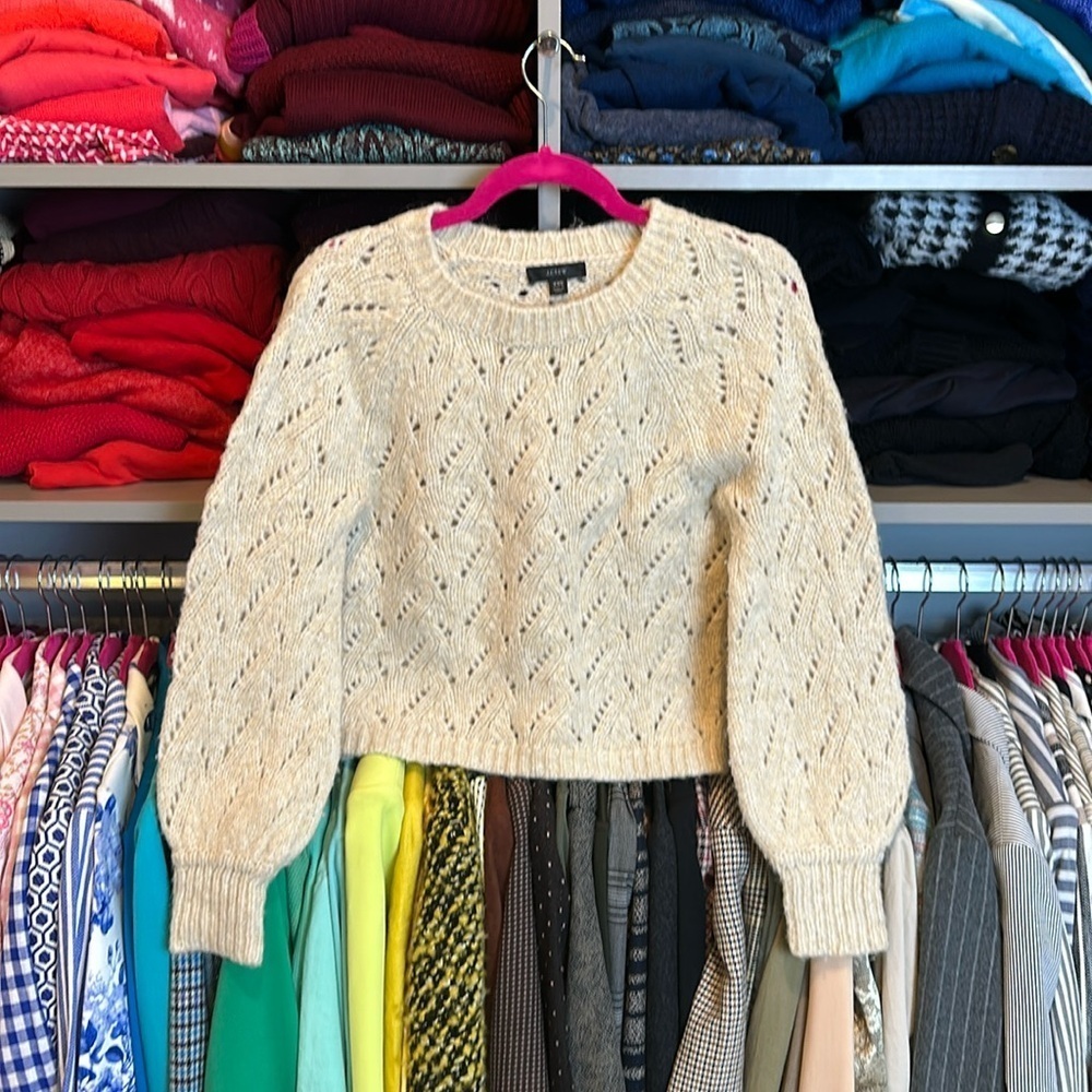 J Crew tan open knit crew neck long sleeve sweater size XXS
